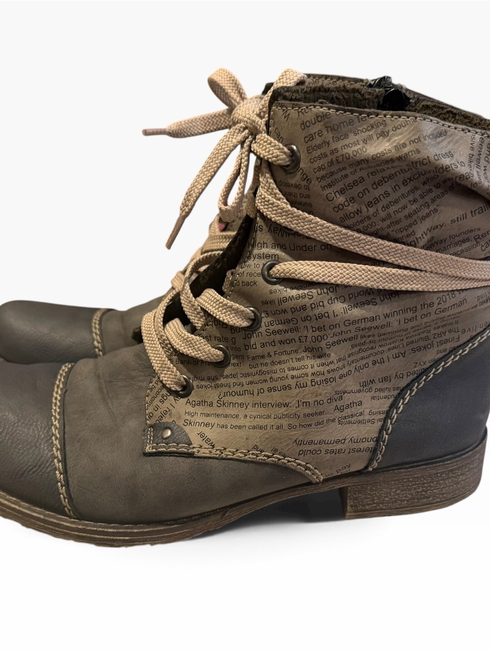 Rieker Taupe Lace-Up Ankle Boots with Text-Print Panels
